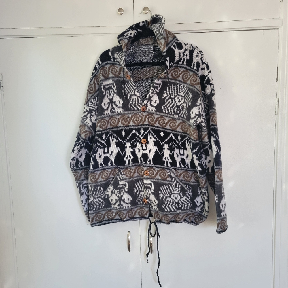 Vintage 70s 80s Aztec Knit Hoodie Cardigan
